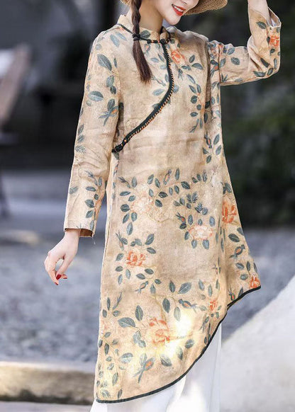 Natural Blue O-neck Asymmetrical Print Linen Dresses Spring