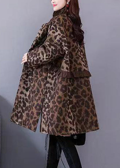 Leopard Ruffled Pockets Thick Woolen Coats Long Sleeve