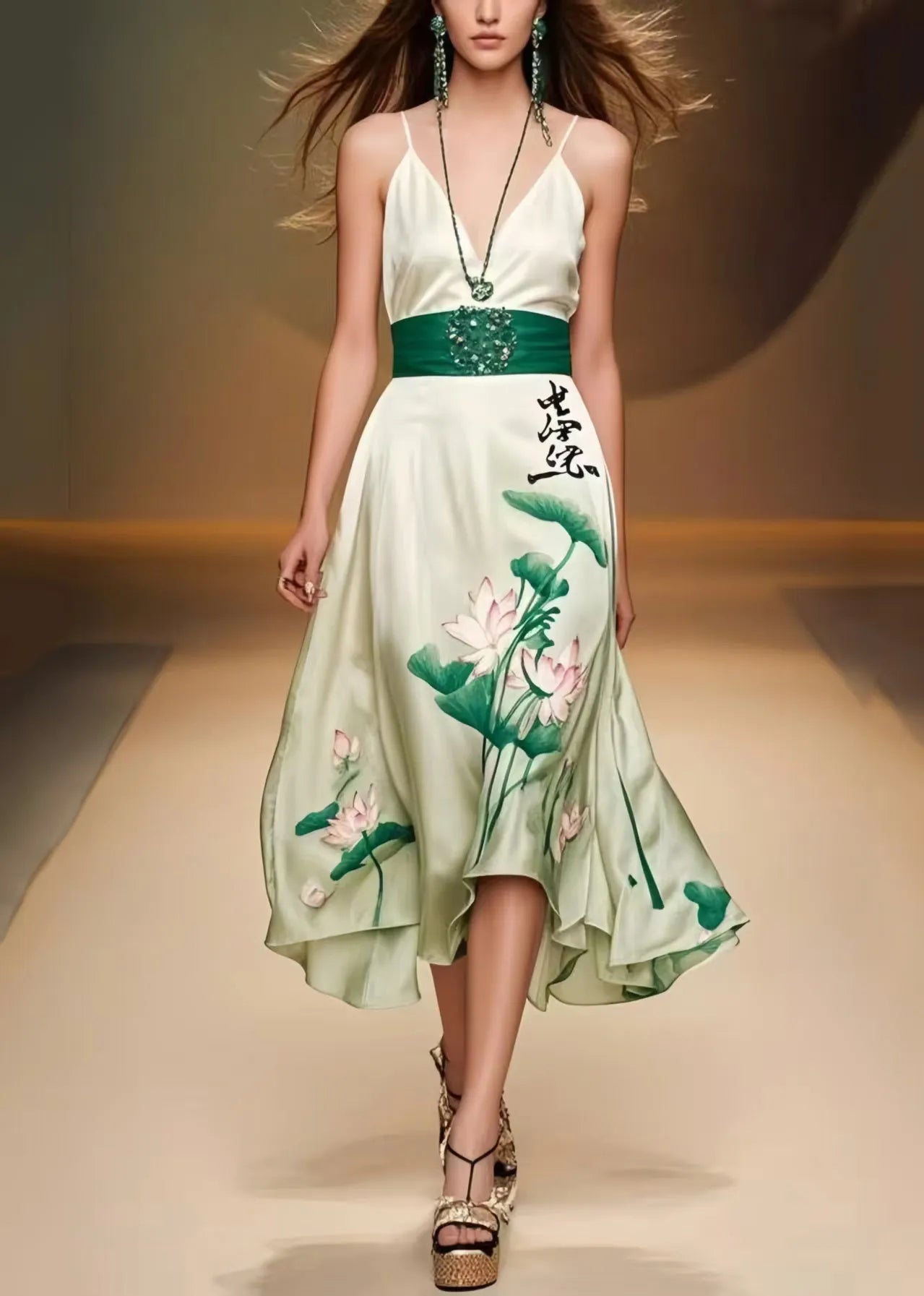 Green Cinched Lotus Leaf Print Silk Mini Dress Sleeveless