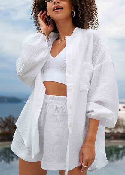 Blue Oversized Cotton Two Piece Suit Set Lantern Sleeve