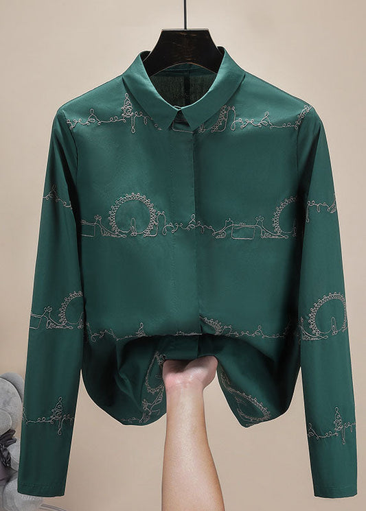 Classy Green Turn-down Collar Embroideried Cotton Shirts Long Sleeve