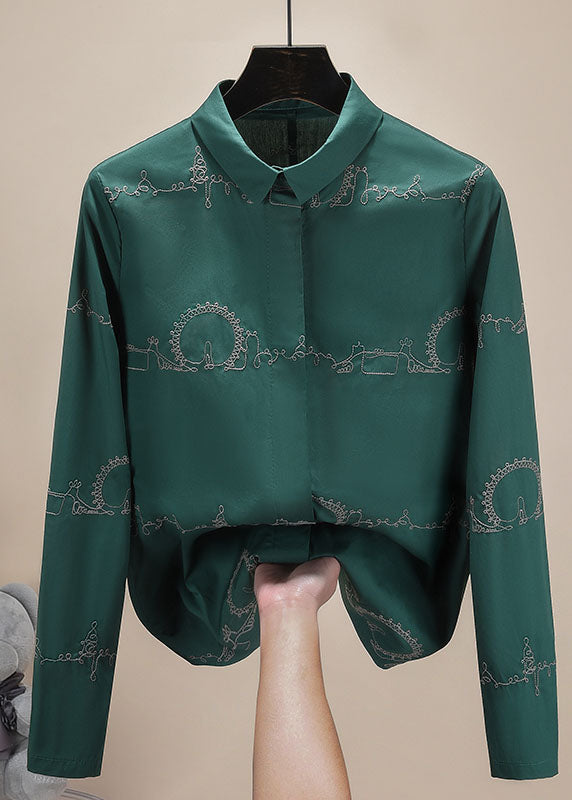 Classy Green Turn-down Collar Embroideried Cotton Shirts Long Sleeve