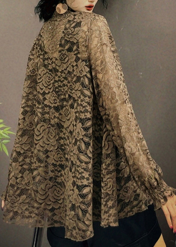 Versatile Korean Fit Long Sleeve Coffee Lace Top