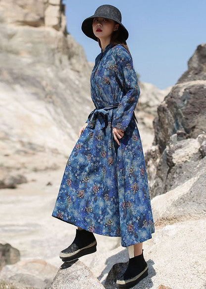 Blue Cinched Print Long Dresses Spring