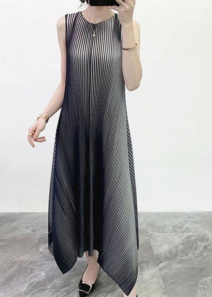 Grey O-neck Striped Gradient Color Long Dress Sleeveless