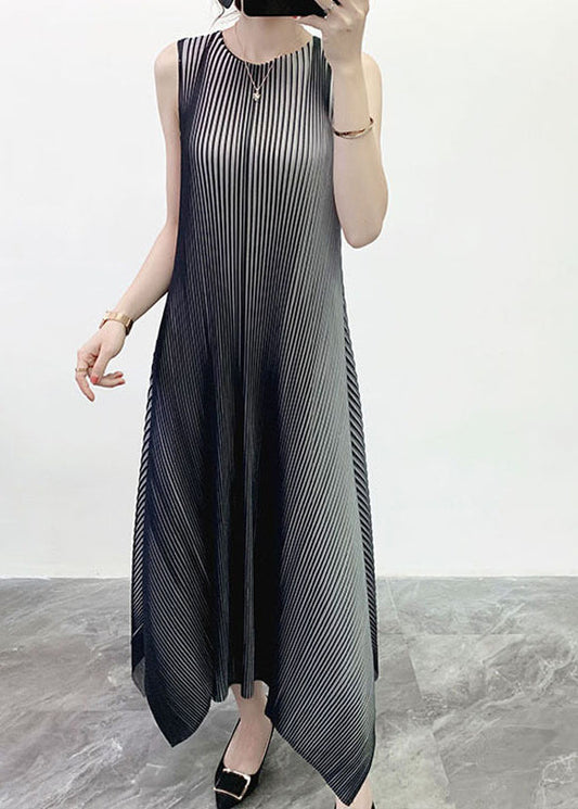 Grey O-neck Striped Gradient Color Long Dress Sleeveless