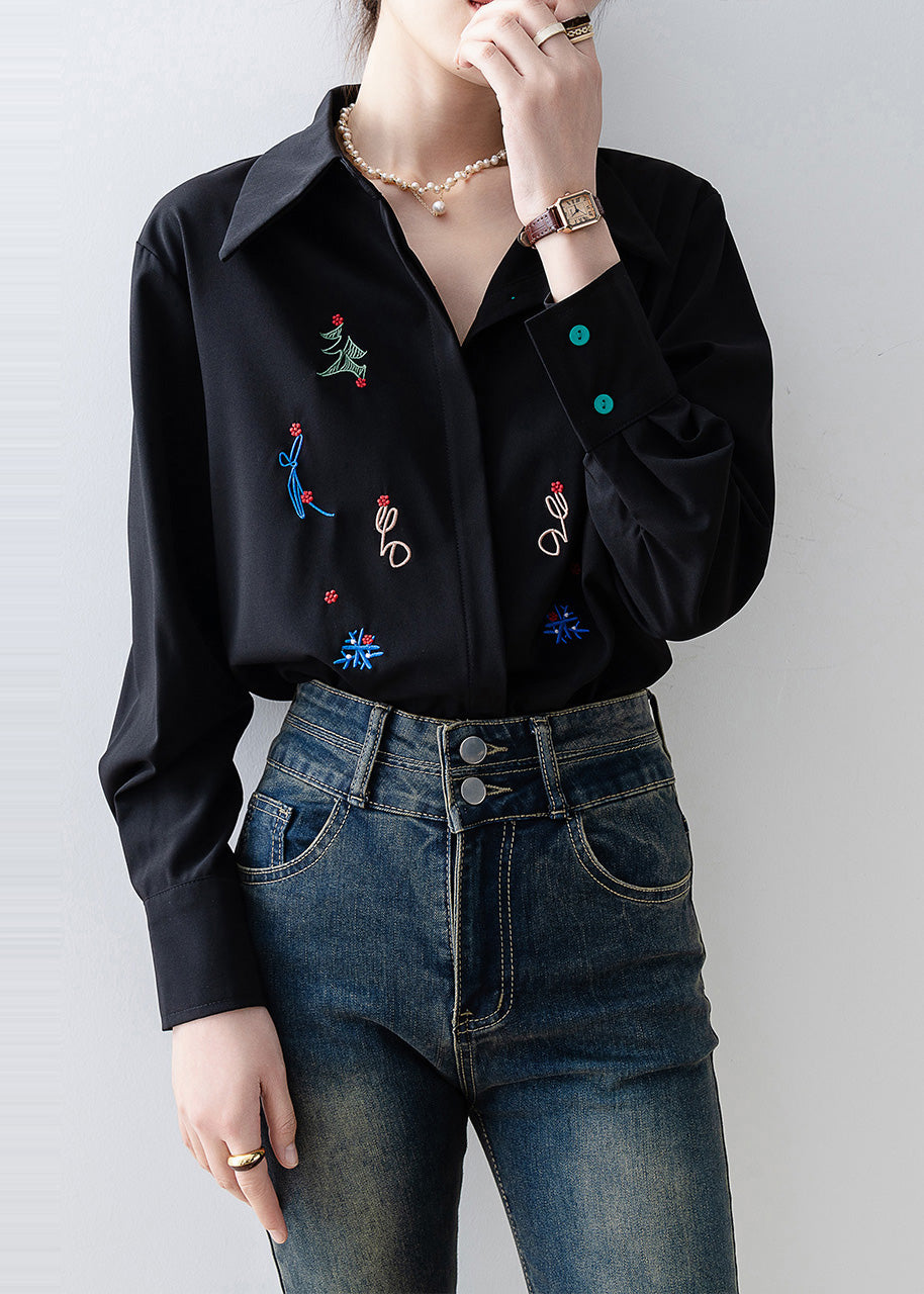Black Embroidered Chiffon Blouse Tops Spring