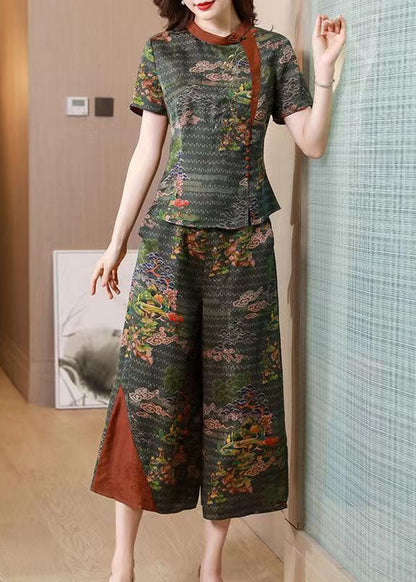 Green Stand Collar Print Patchwork Silk Two Pieces Set Summer