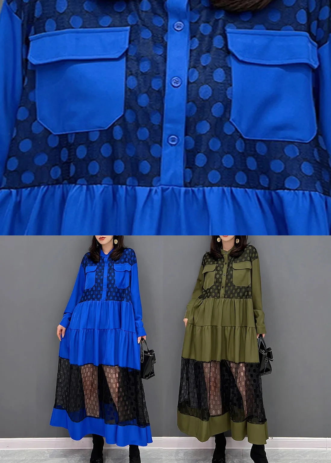 Green O-neck Patchwork Button Tulle Maxi Dresses Fall