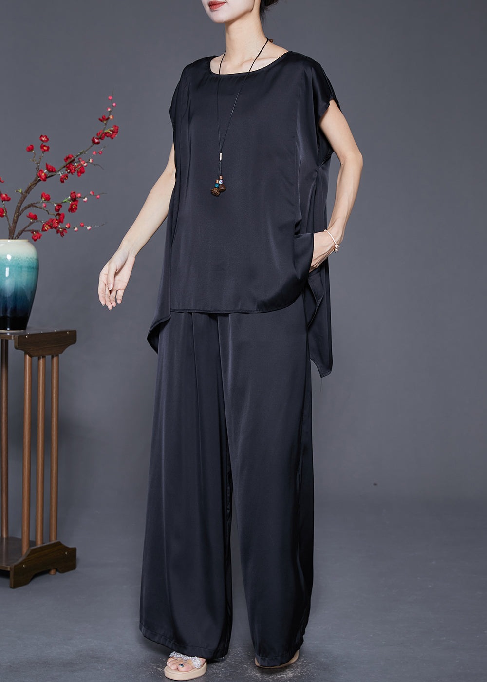 Black Oversized Draping Ice Silk Two Pieces Set Sleeveless