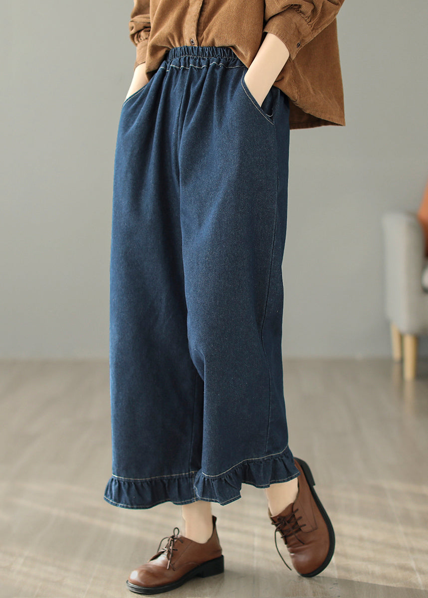Blue Ruffled Patchwork Pockets Straight Jeans Spring