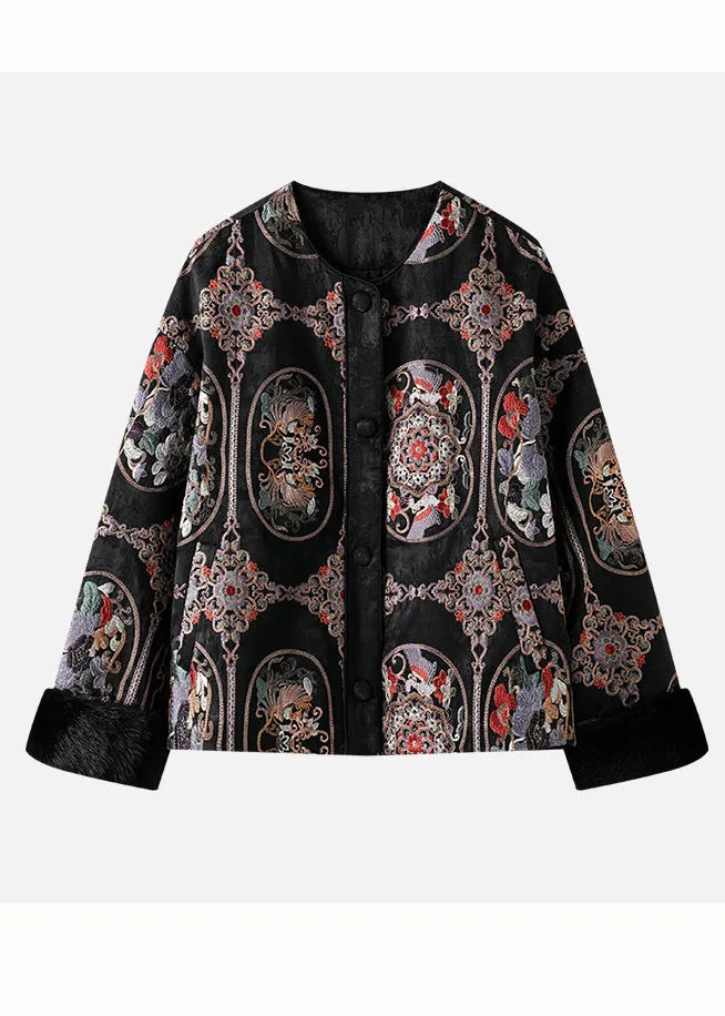 Black Patchwork Fine Cotton Filled Jackets Embroidered Mink Hair Winter