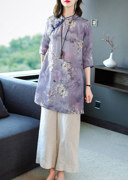 Purple Stand Collar Print Linen Long Shirt Ang Pant Two Piece Set Summer