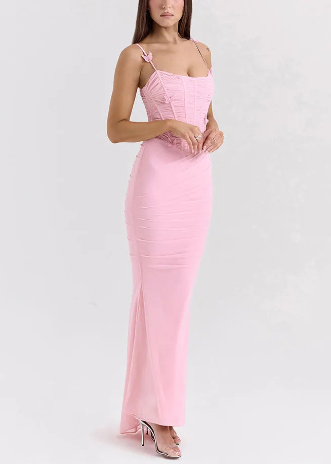 Slim Fit Pink Butterfly Wrinkled Tulle Spaghetti Strap Dress Sleeveless