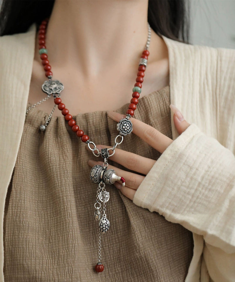 Retro Red Sterling Silver Beading Calabash Ruyi Lock Tassel Pendant Necklace