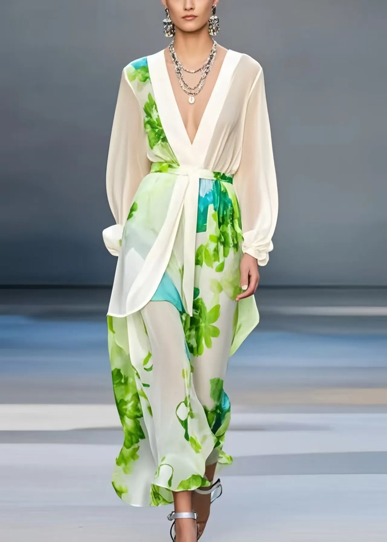 Silm Fit White Deep-v Neck Print Chiffon Dresses Spring
