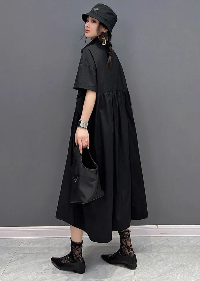 Black Peter Pan Collar Cinched Button Tulle Patchwork Maxi Dresses Short Sleeve