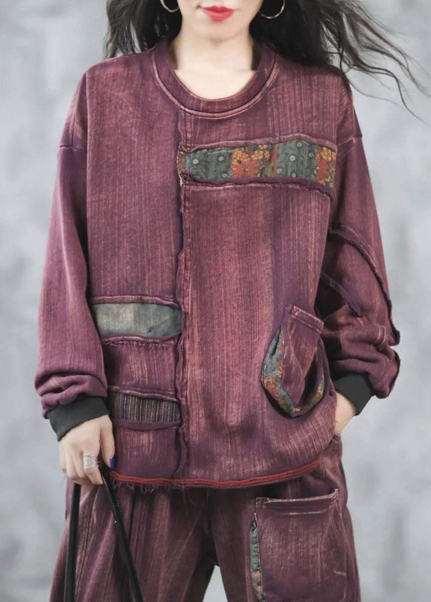 Purple O Neck Pockets Patchwork Cotton Top Spring
