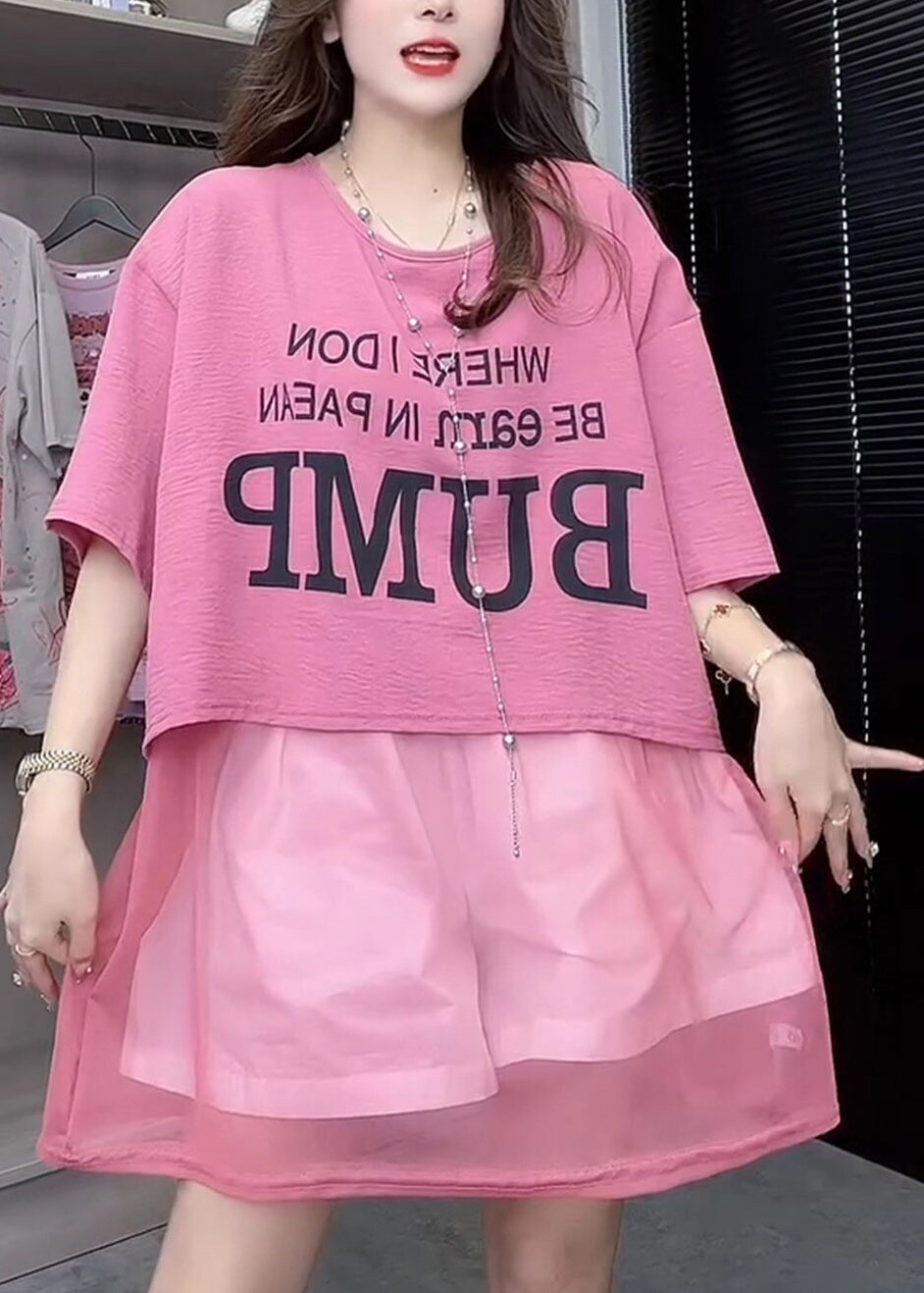 French Pink O-neck Print Organza Patchwork Cotton T Shirt Top Summer