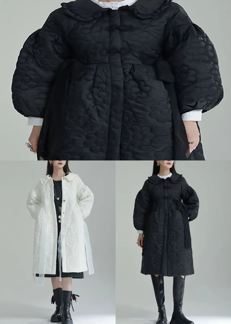 White Peter Pan Collar Pockets Fine Cotton Filled Witner Coat