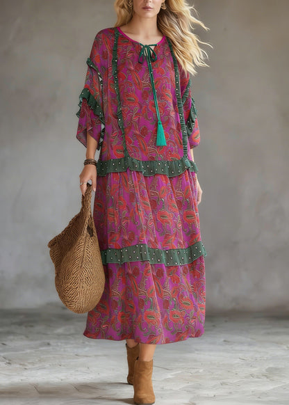 Purple Red Print Ruffled Chiffon Party Dress Summer
