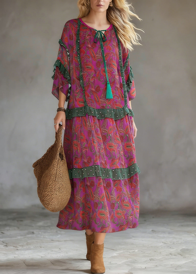 Purple Red Print Ruffled Chiffon Party Dress Summer