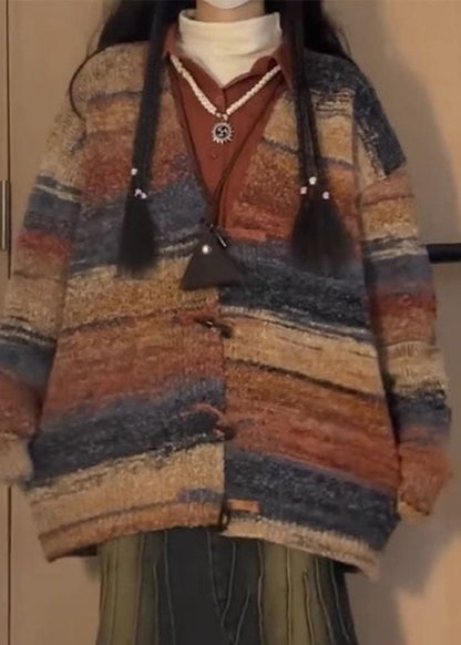 V Neck Print Knitted Cotton Thread Cardigans Long Sleeve