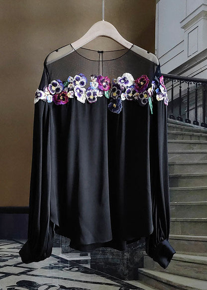 French Black O-neck Embroideried Patchwork Silk Tops Spring