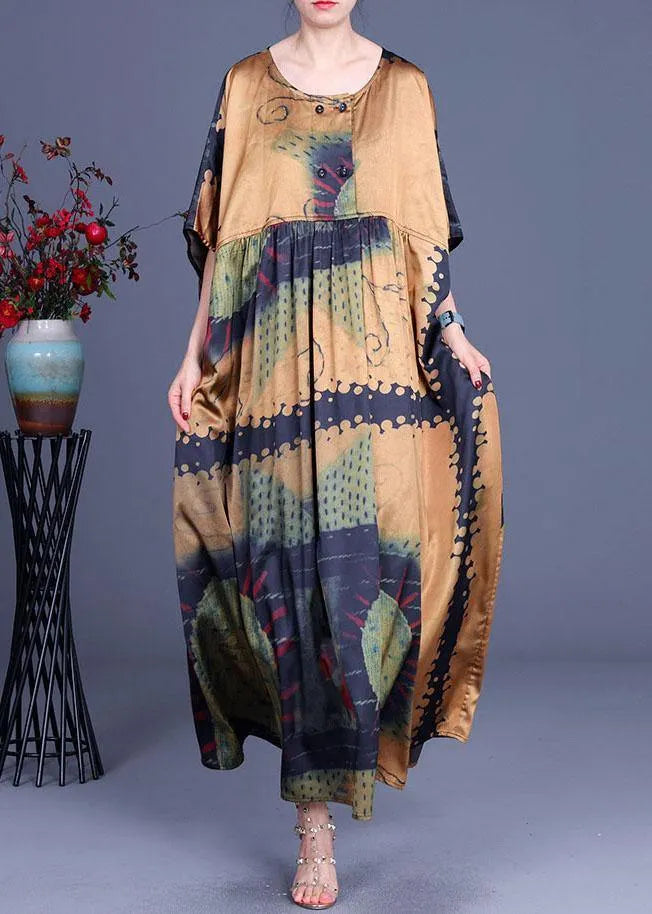 Yellow Print Cinched Summer Silk Party Dresses