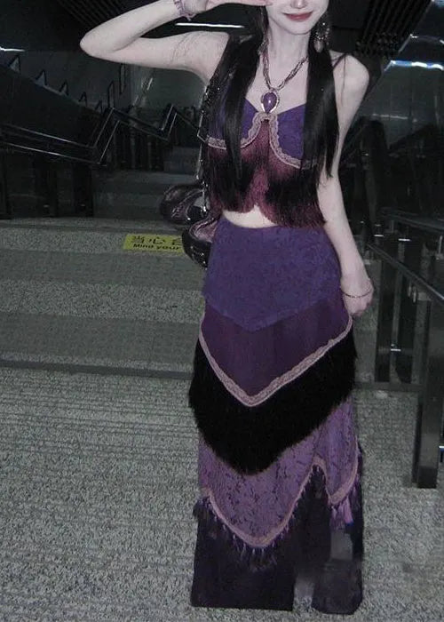 Style Purple Tasseled Patchwork Silk Two Piece Set Summer