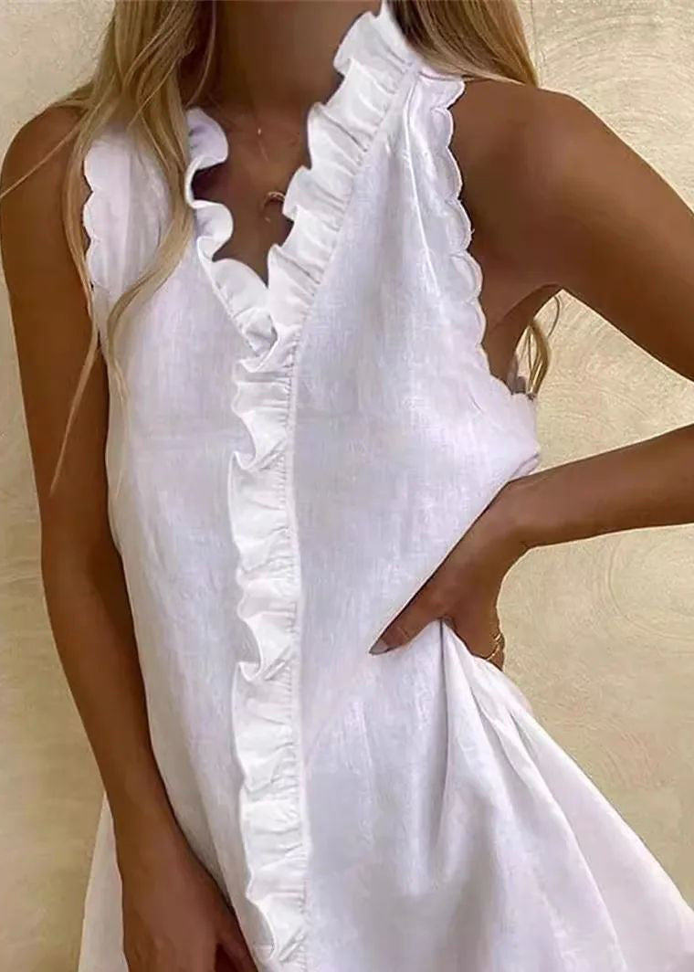 New Cotton and Linen White Dress Summer V Neck