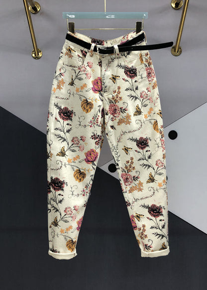 Apricot Print High Waist Sashes Pockets Beam Jeans
