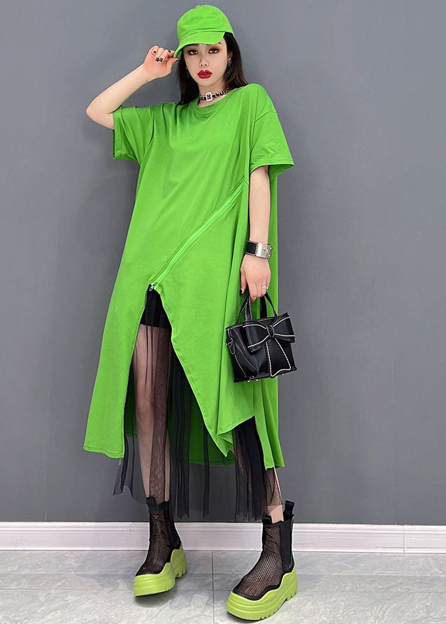 Green Asymmetrical Design Cotton Pullover Dress Short Sleeve