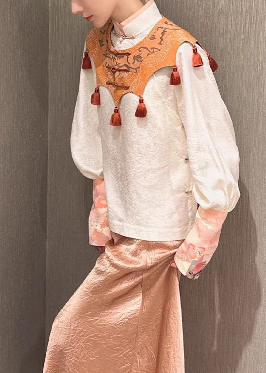 Jacquard White Stand Collar Shirts Cloud Shoulder and Skirts Silk Three Pieces Set Spring