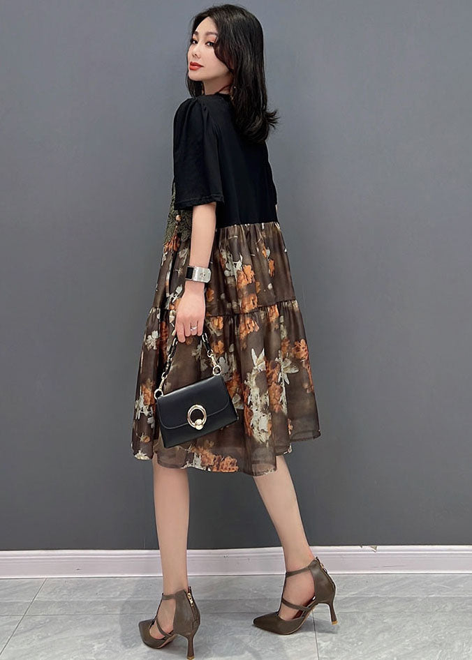 Unique Brown O-neck Embroideried Patchwork Print Mid Dress Short Sleeve