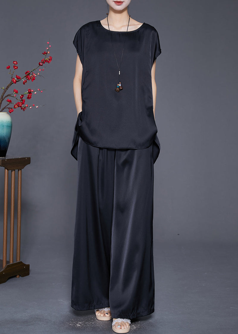 Black Oversized Draping Ice Silk Two Pieces Set Sleeveless