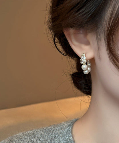 Gold Copper Alloy Zircon Pearl Hoop Earrings