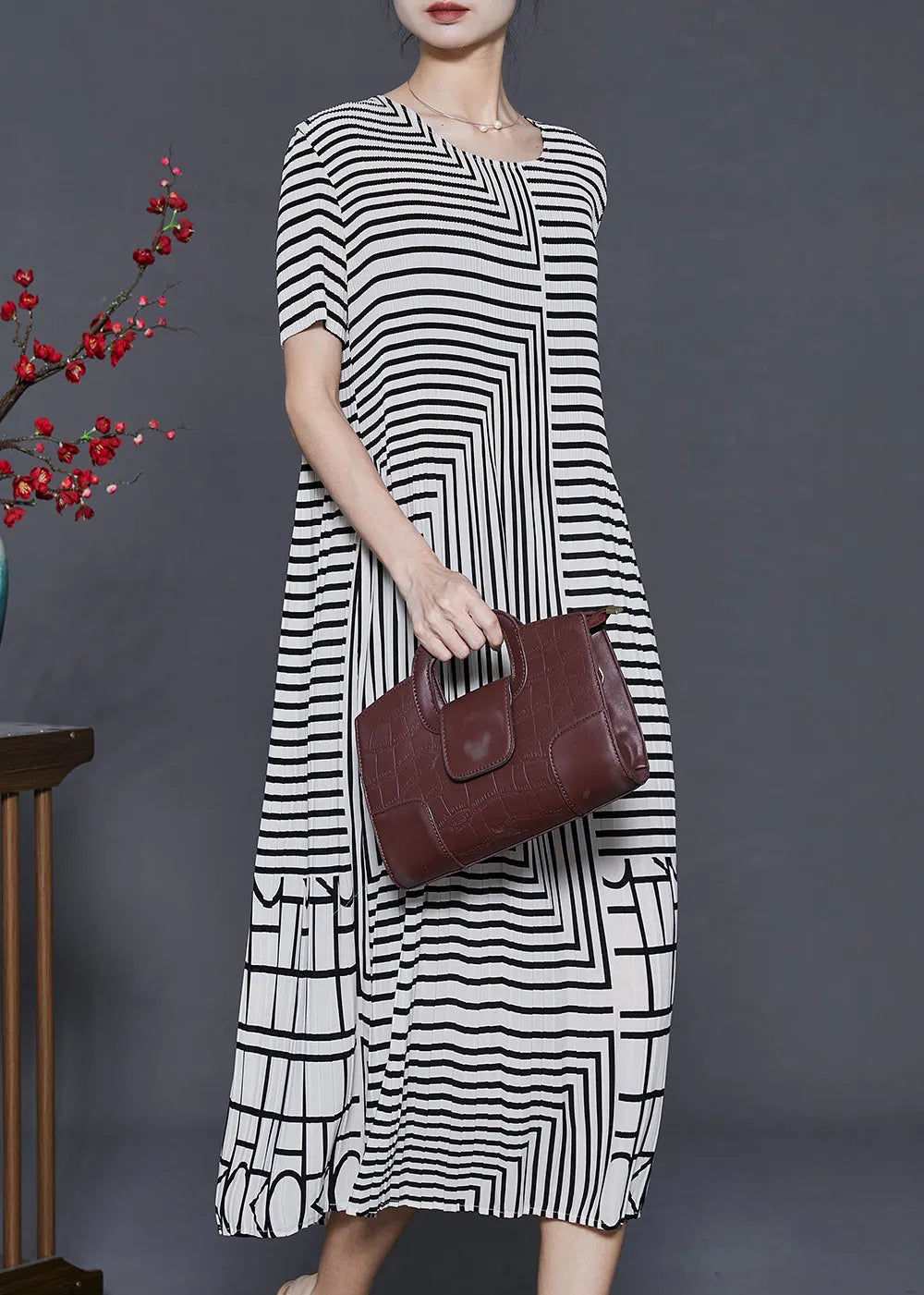 Italian White Striped Wrinkled Long Dresses Summer