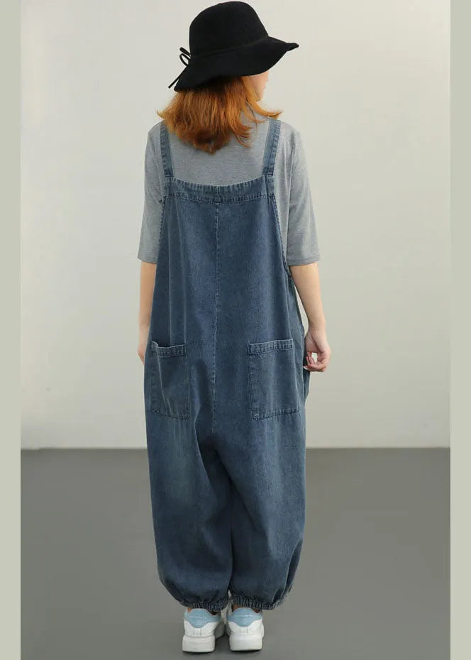 Blue Pockets Cotton Denim Jumpsuit Spring
