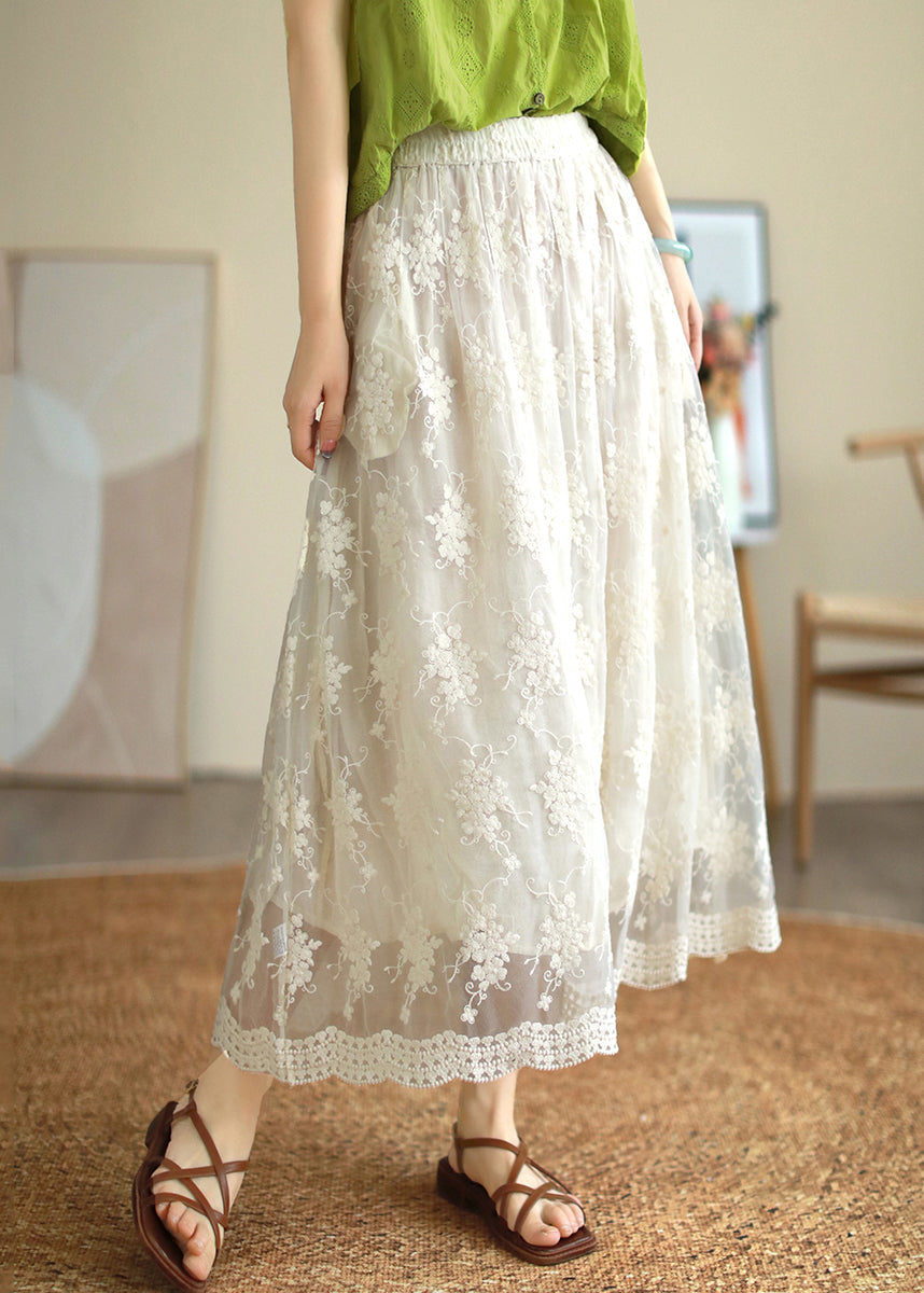 White Embroidered Lace Patchwork Tulle Pleated Skirt Summer