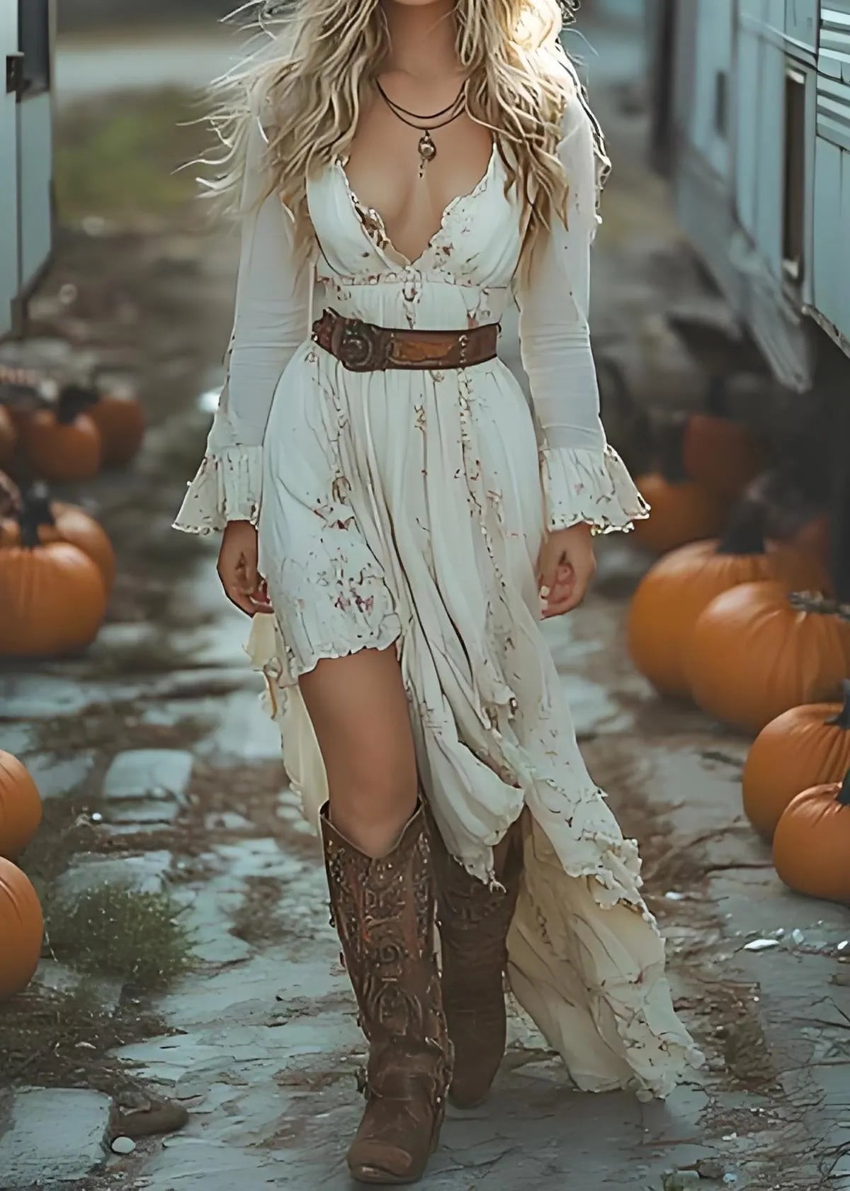 Beige Ruffled Asymmetrical Patchwork Cotton Dress Spring