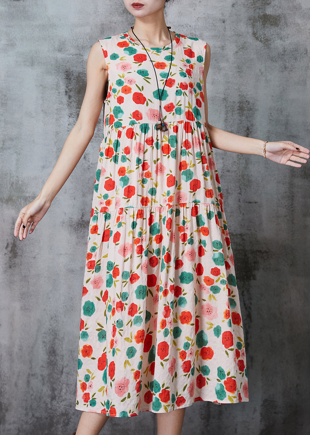 Apricot Print Cotton Beach Dress Summer