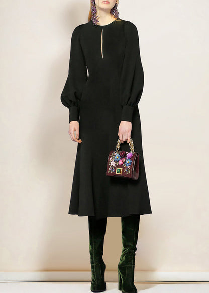 Black O-neck Cotton Dress Lantern Sleeve