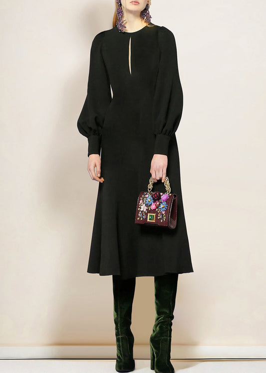 Black O-neck Cotton Dress Lantern Sleeve