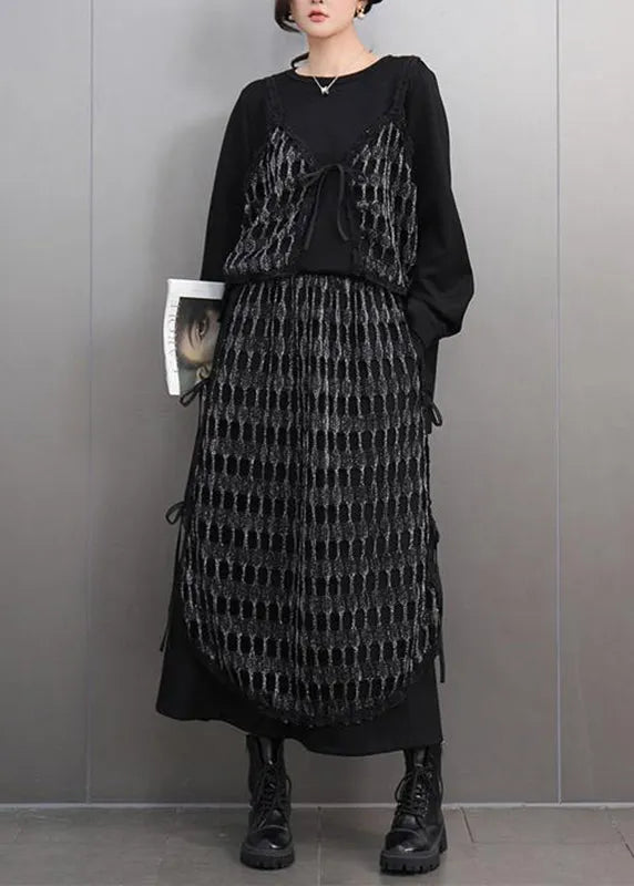 Unique Black O-neck Plaid Patchwork Top and Maxi Skirts Two Piece Set Spring