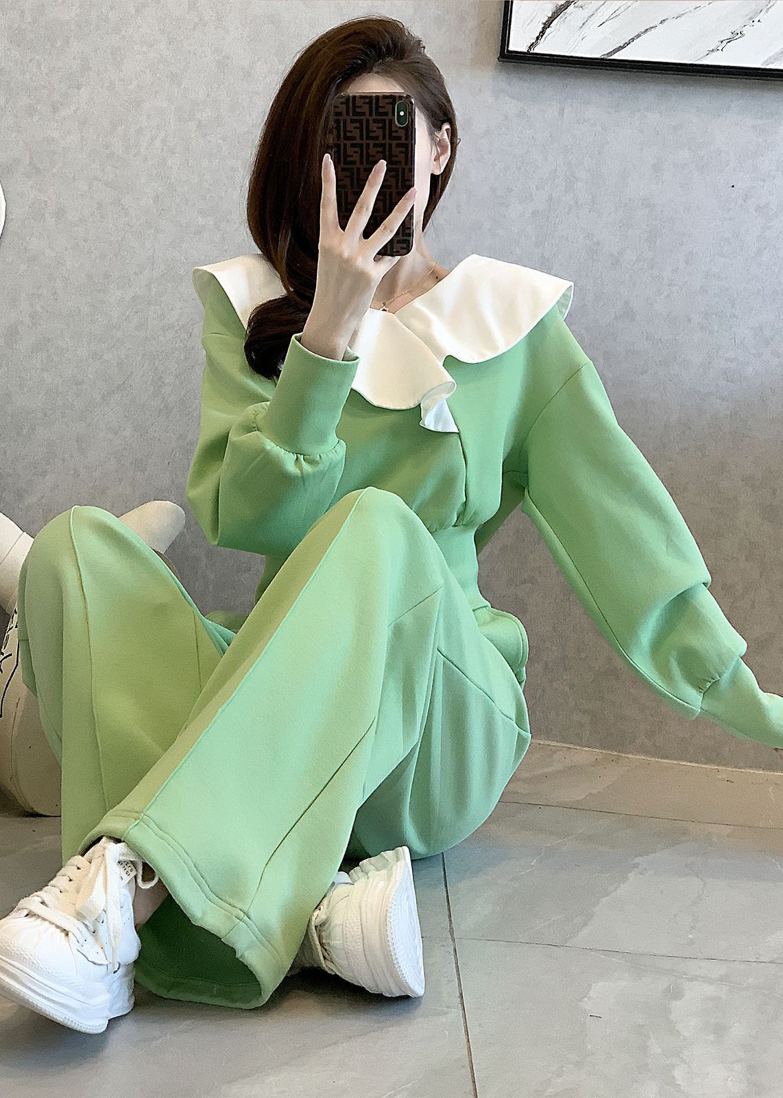 Stylish Green Tops and Pants Cotton Two Pieces Set Spring