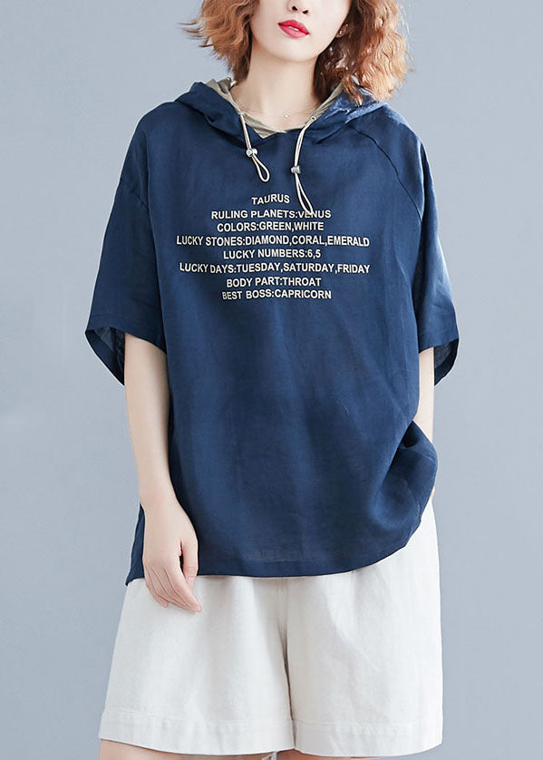 Blue Hooded Alphabet Print Cotton Pullover Summer