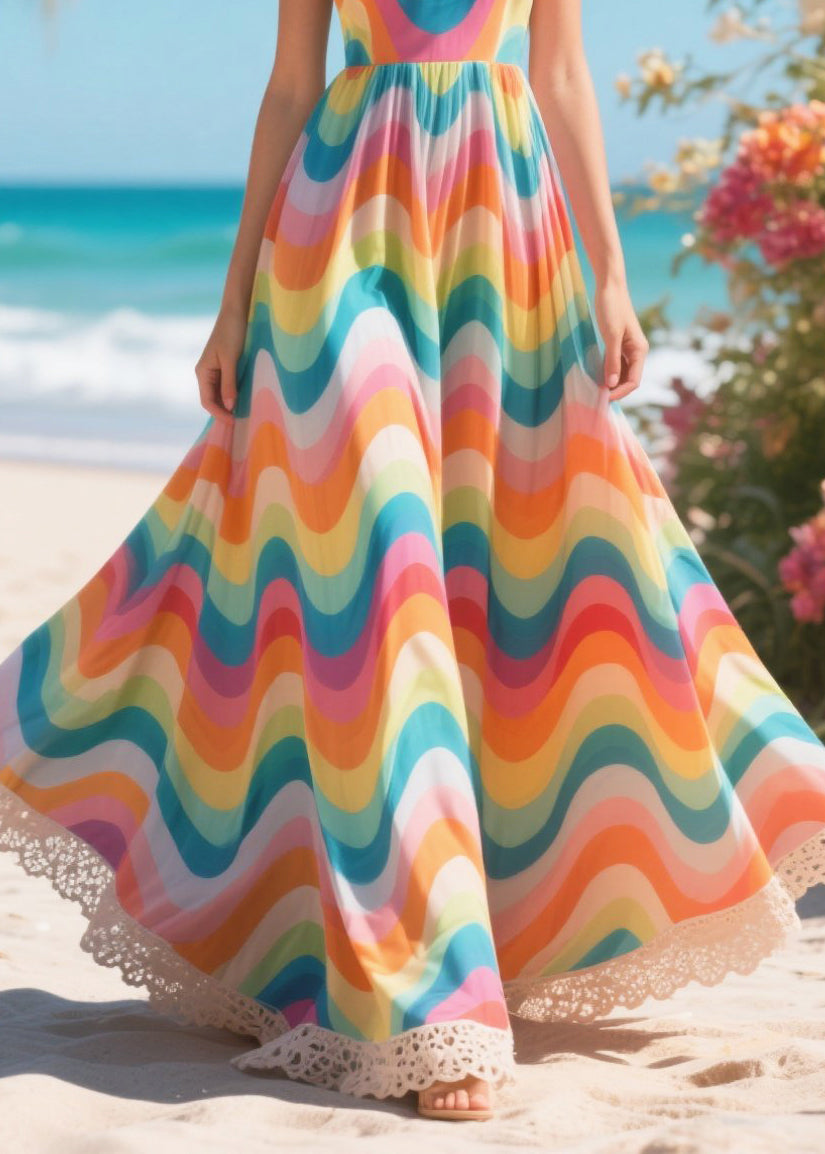 Rainbow Striped Chiffon Holiday Dress Summer