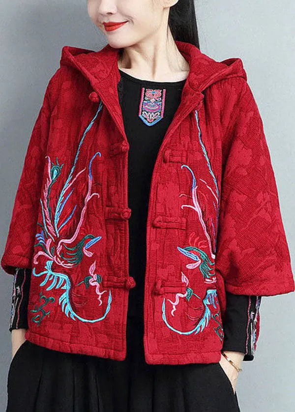 Red Hooded Embroideried Warm Fleece Coat Batwing Sleeve