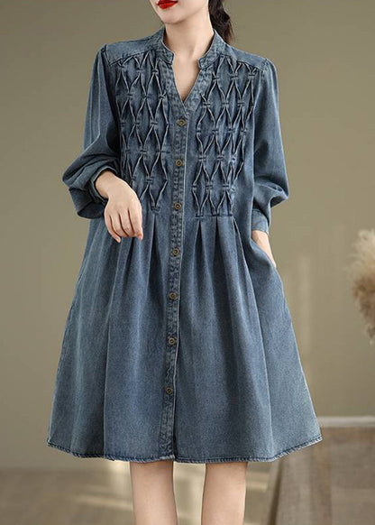 Blue Stand Collar Button Long Dress Lantern Sleeve